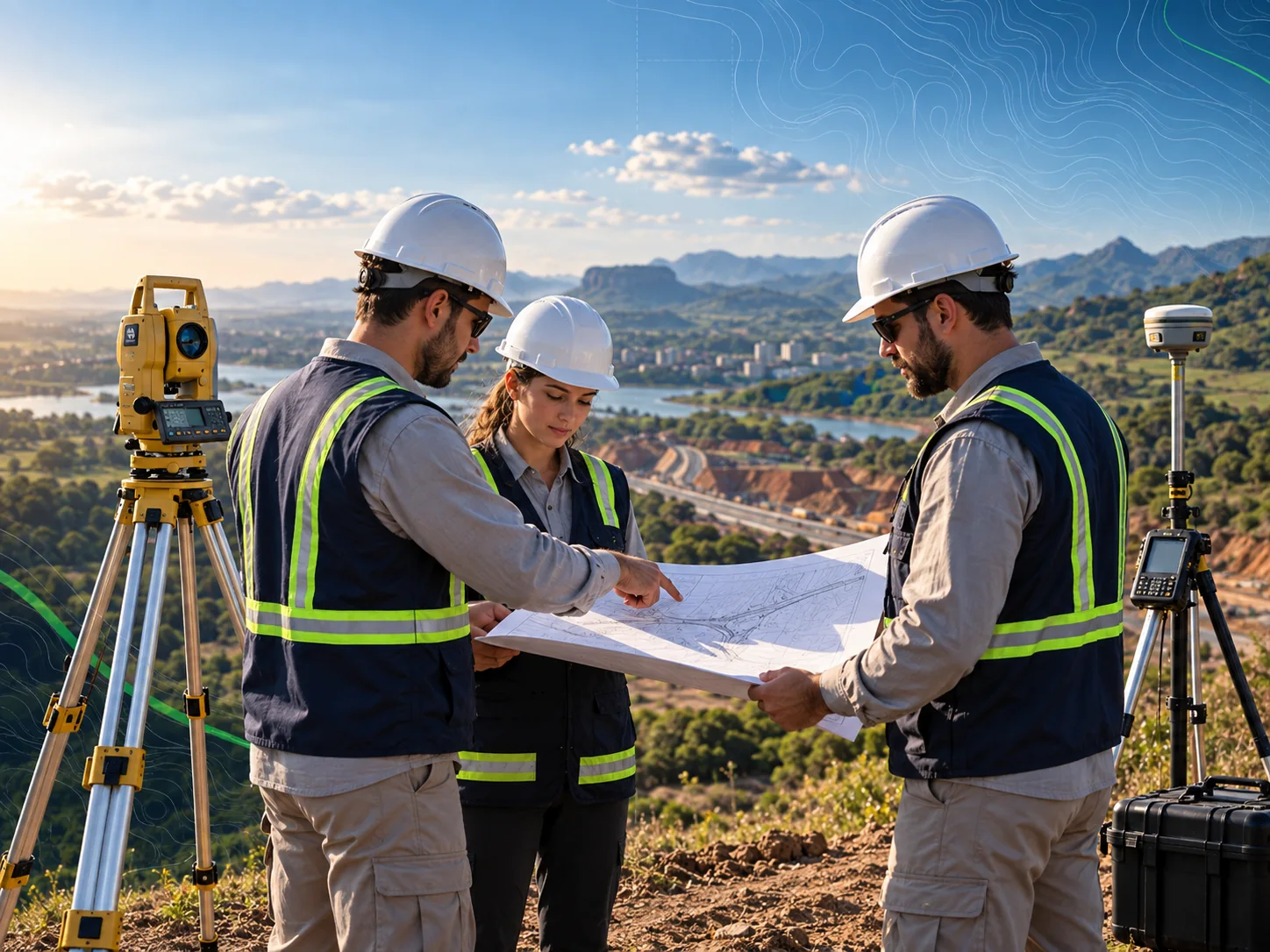 Equipe técnica em atividade relacionada a serviços de topografia